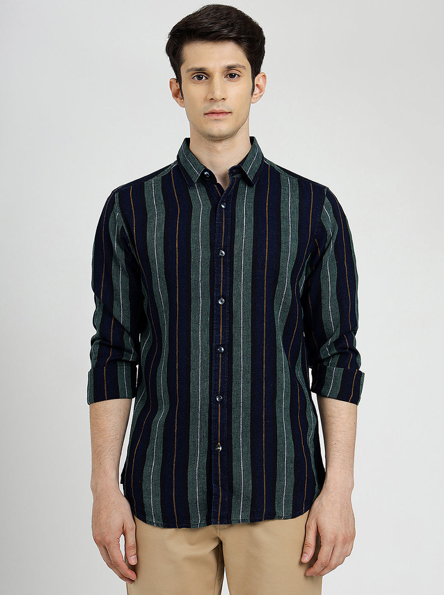 Blue & Green Striped Slim Fit Casual Shirt | pehervi