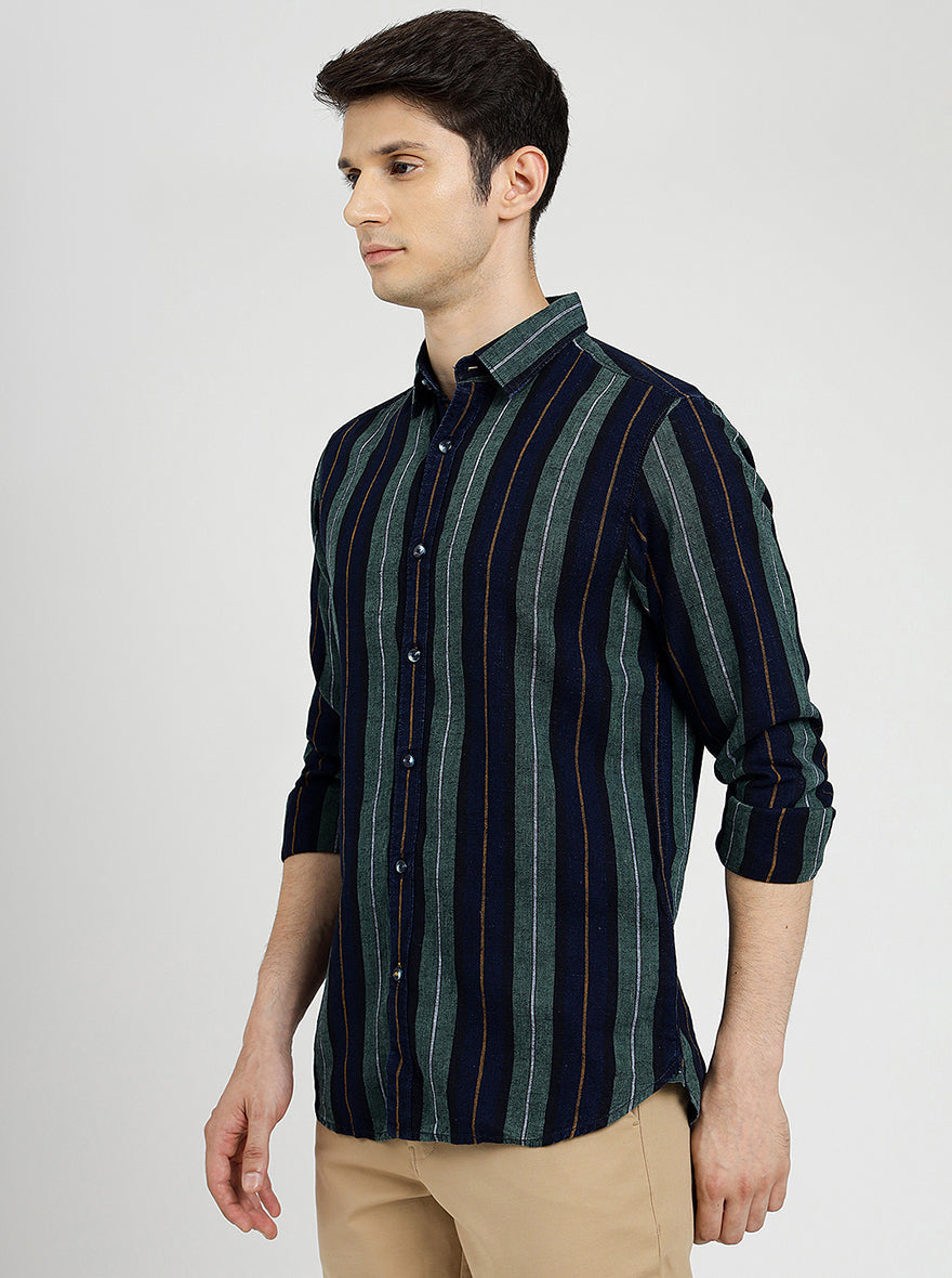 Blue & Green Striped Slim Fit Casual Shirt | pehervi