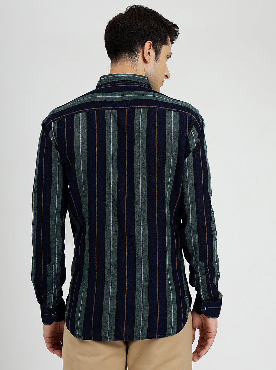 Blue & Green Striped Slim Fit Casual Shirt | pehervi