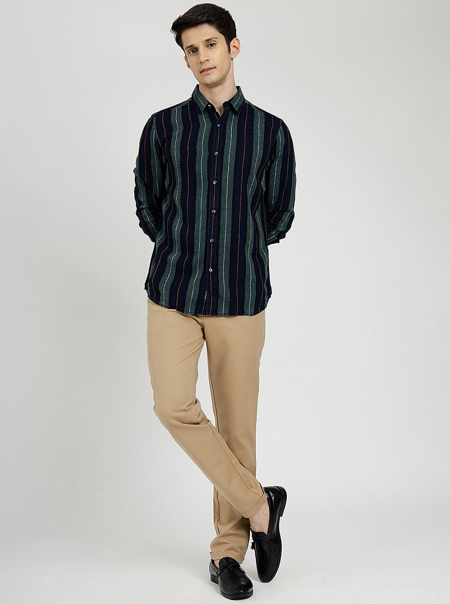 Blue & Green Striped Slim Fit Casual Shirt | pehervi