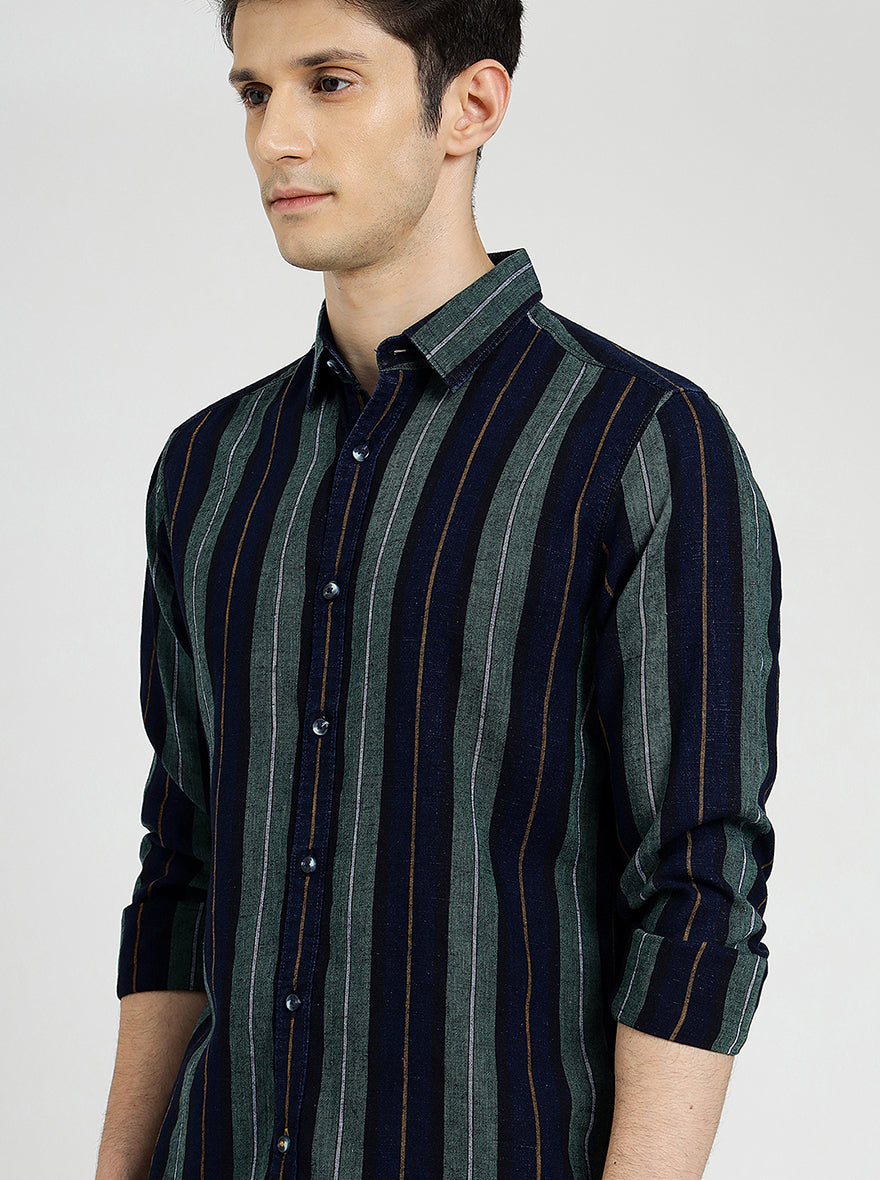 Blue & Green Striped Slim Fit Casual Shirt | pehervi