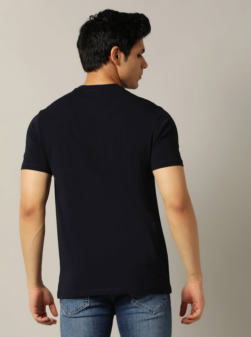 Navy Blue Printed Slim Fit T-Shirt | pehervi
