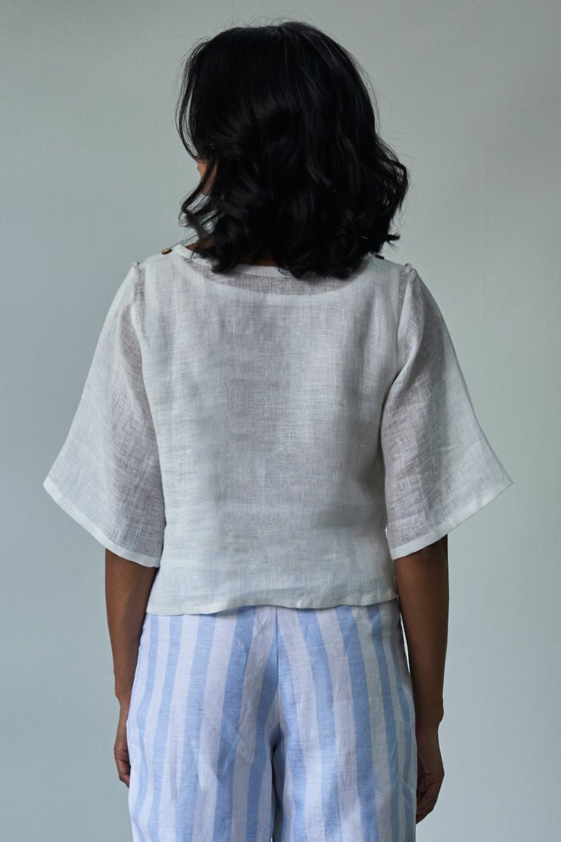 White Linen Top With Linen Striped Trousers