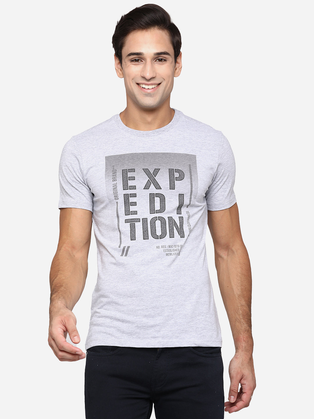Grey Printed Slim Fit T-Shirt | pehervi