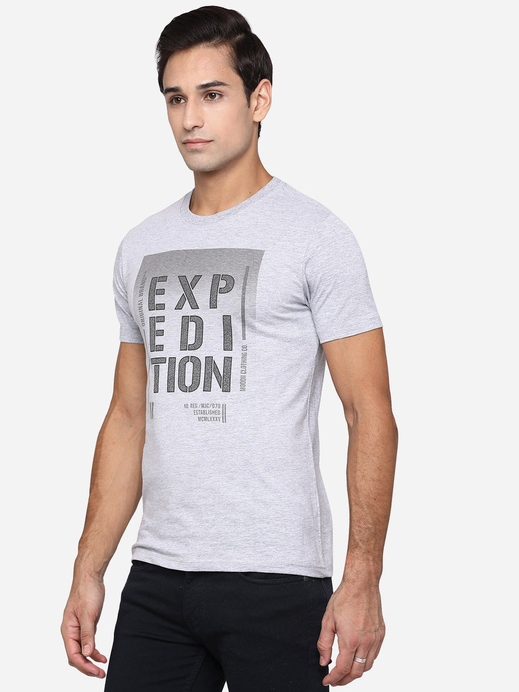 Grey Printed Slim Fit T-Shirt | pehervi