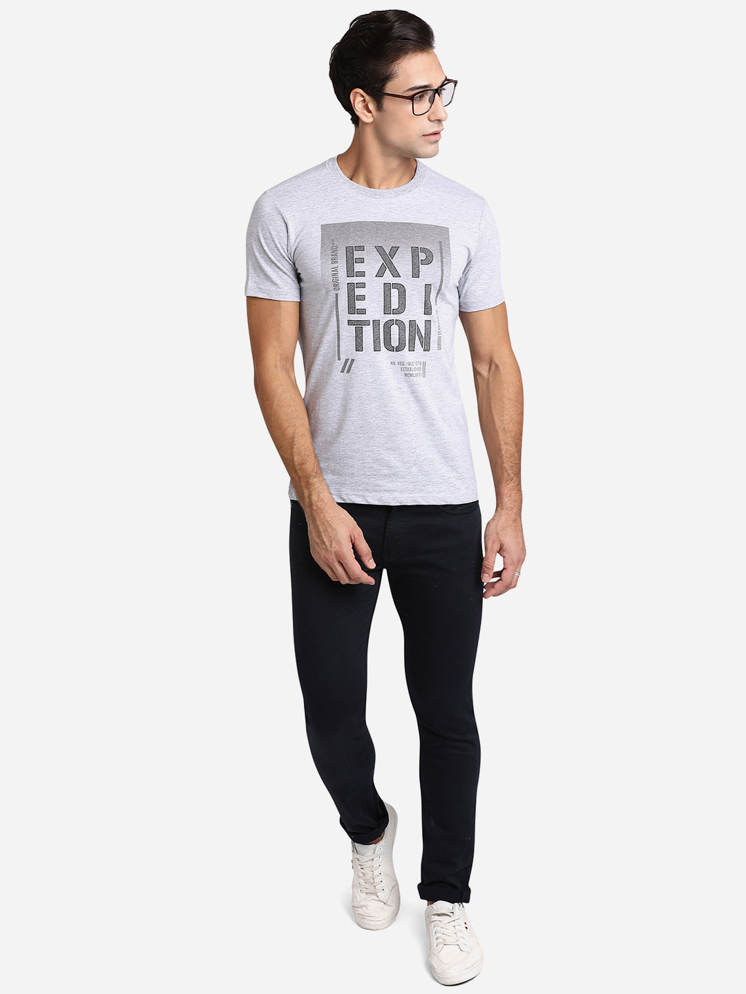 Grey Printed Slim Fit T-Shirt | pehervi