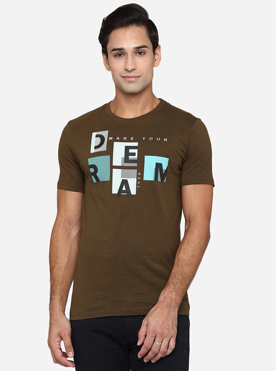 Olive Brown Printed Slim Fit T-Shirt | pehervi