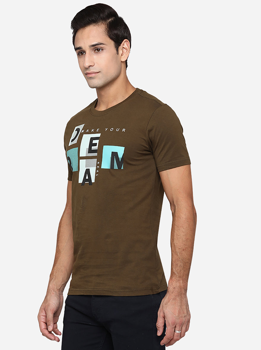 Olive Brown Printed Slim Fit T-Shirt | pehervi