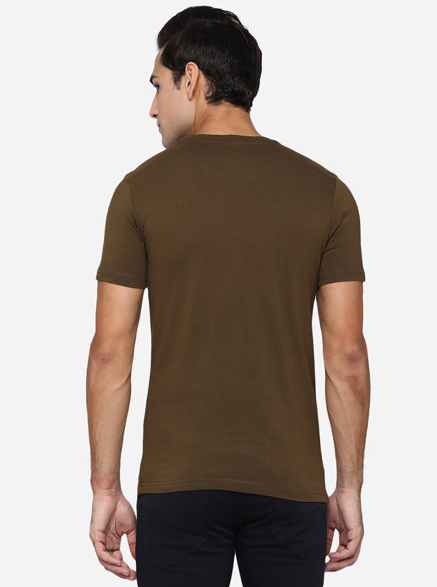 Olive Brown Printed Slim Fit T-Shirt | pehervi