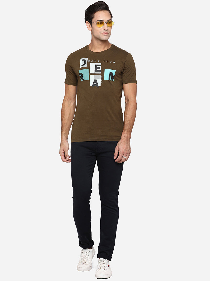 Olive Brown Printed Slim Fit T-Shirt | pehervi