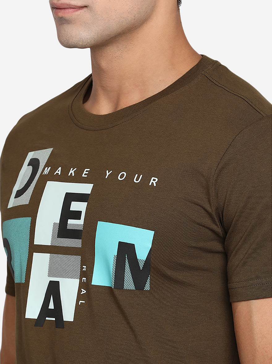 Olive Brown Printed Slim Fit T-Shirt | pehervi