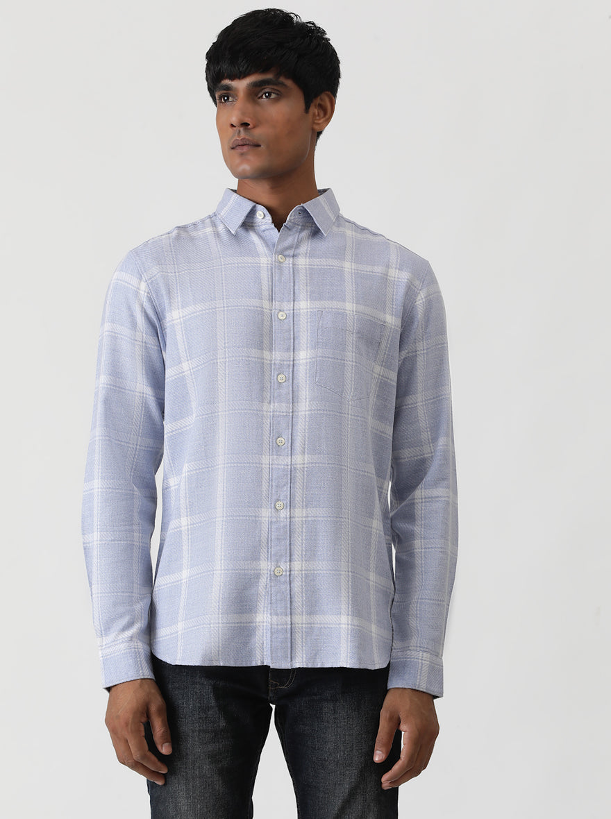 Light Blue Checked Slim Fit Casual Shirt | pehervi