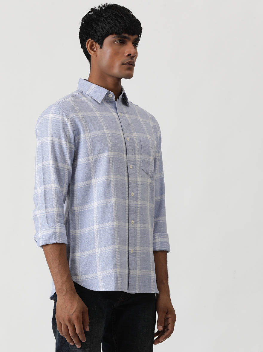Light Blue Checked Slim Fit Casual Shirt | pehervi