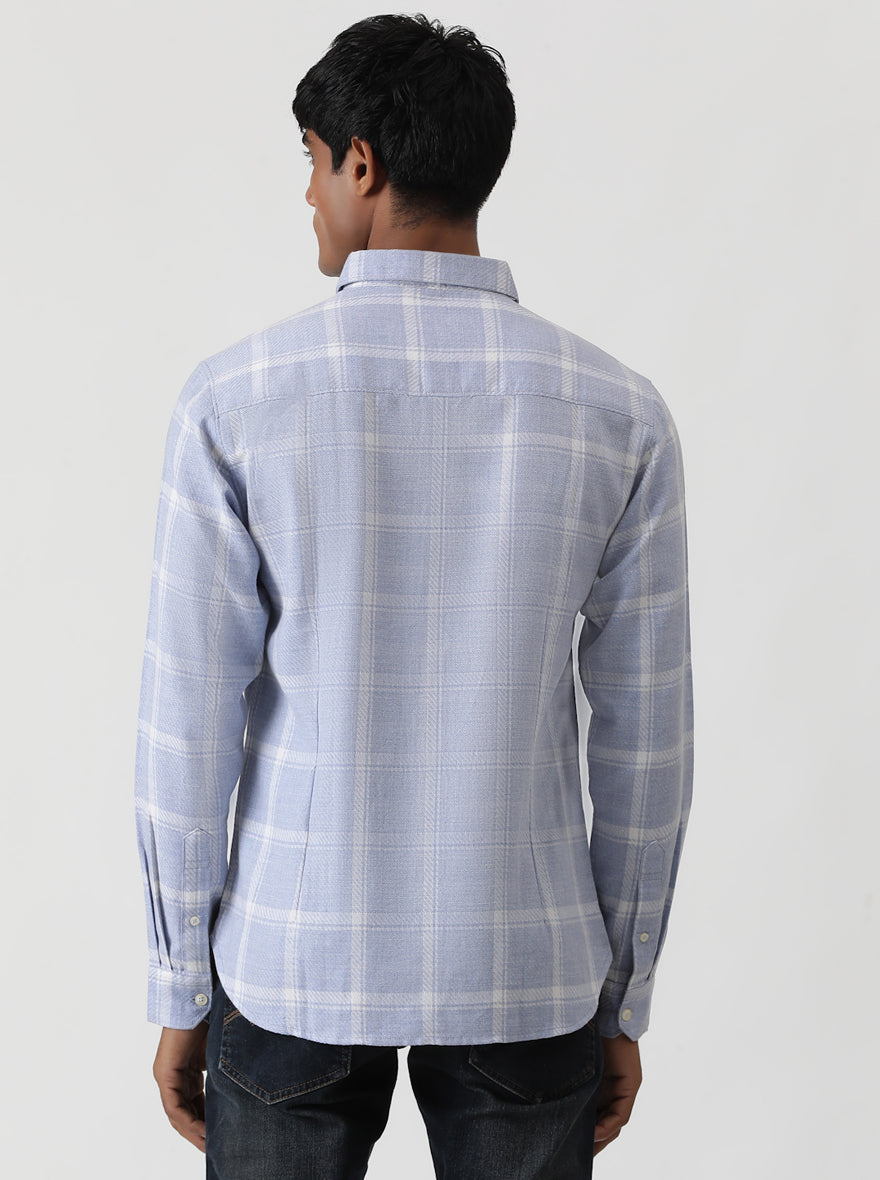 Light Blue Checked Slim Fit Casual Shirt | pehervi