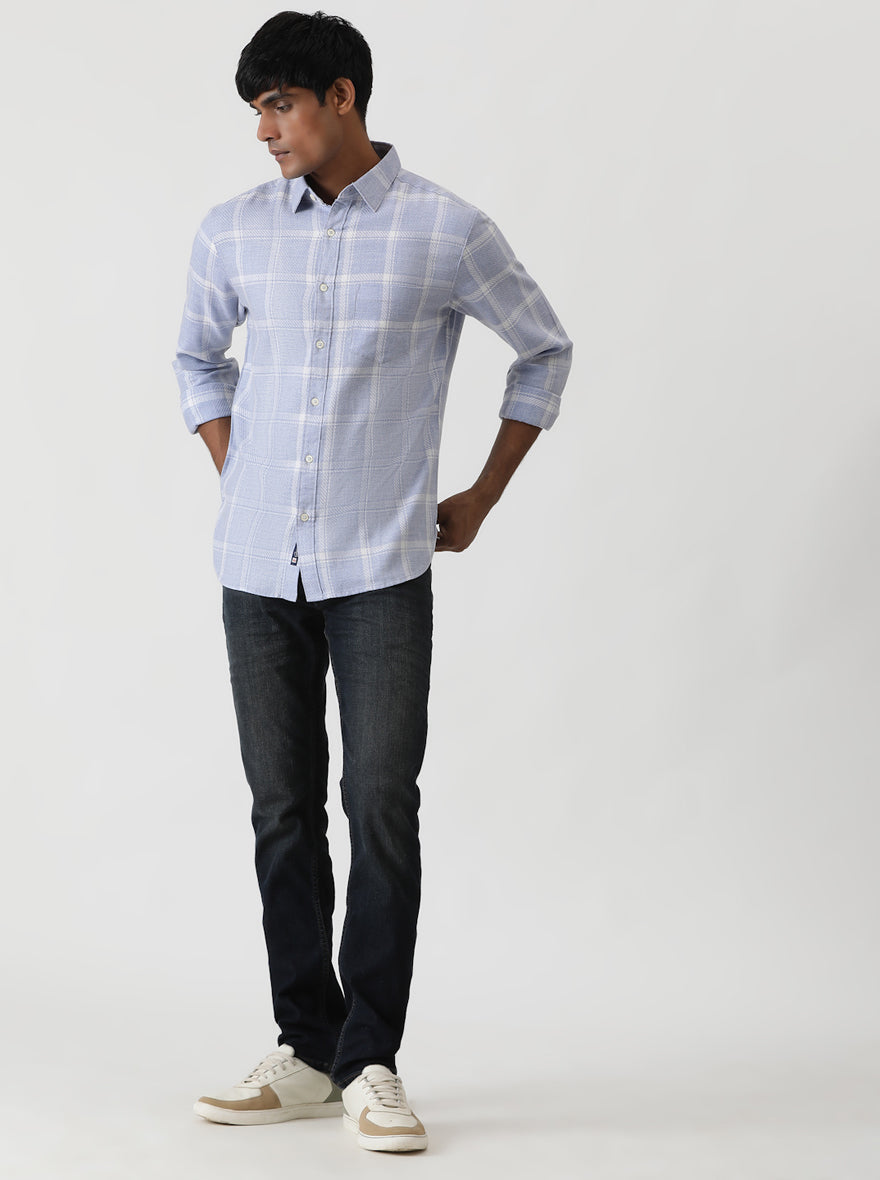 Light Blue Checked Slim Fit Casual Shirt | pehervi