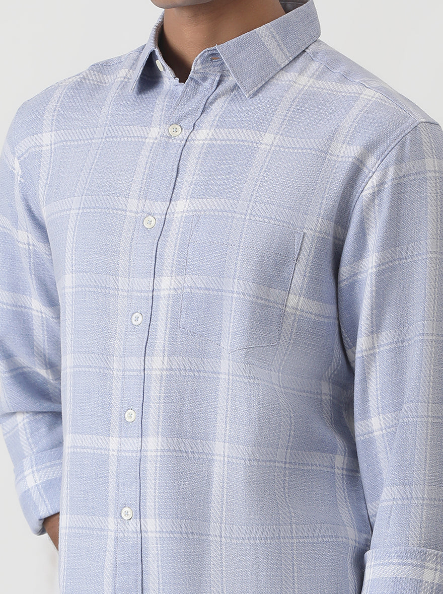 Light Blue Checked Slim Fit Casual Shirt | pehervi