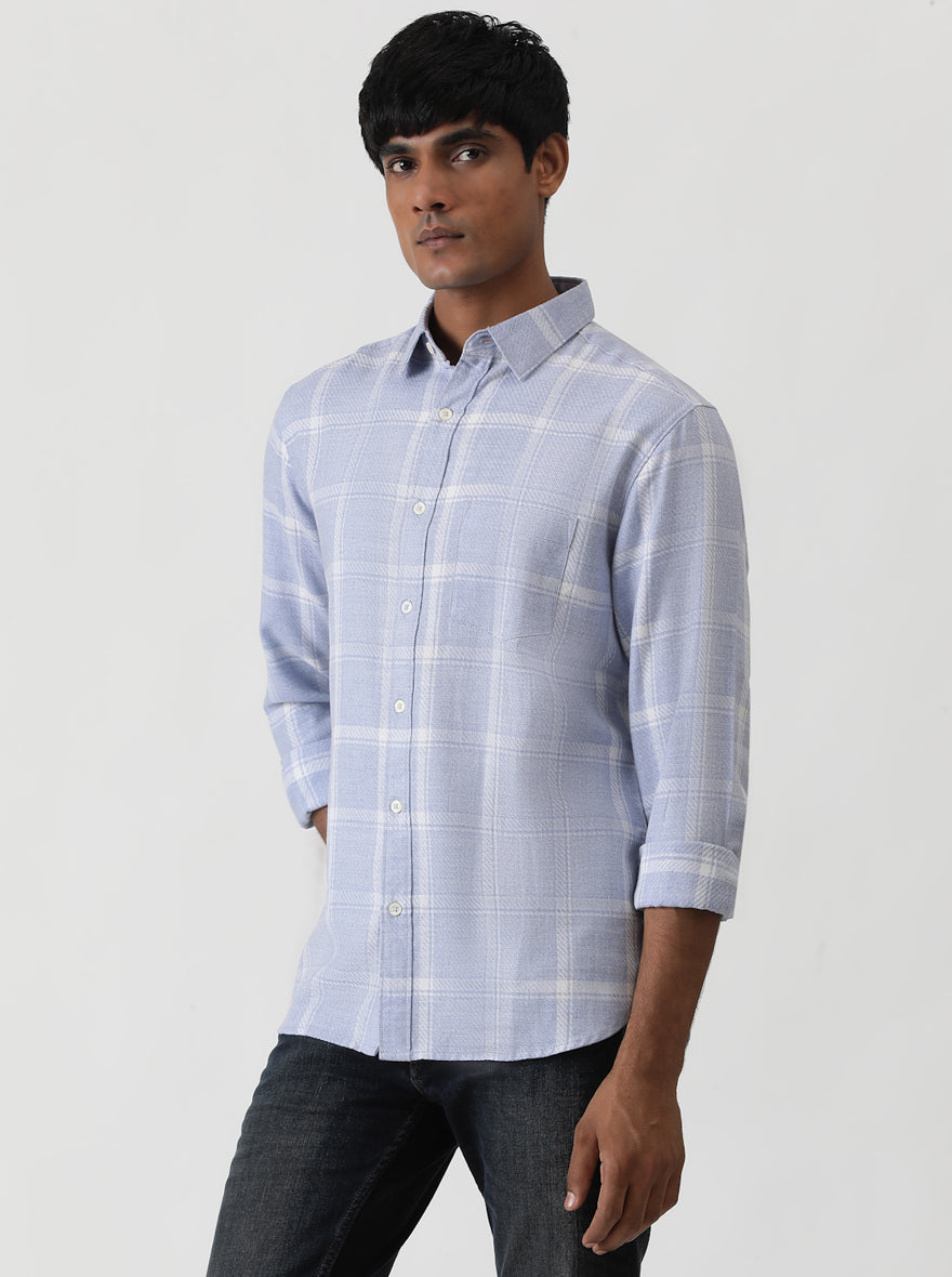 Light Blue Checked Slim Fit Casual Shirt | pehervi