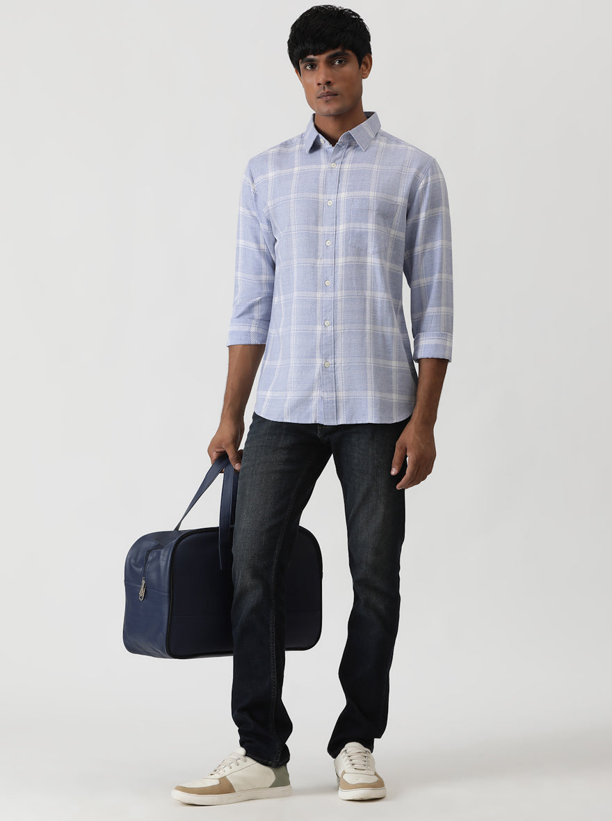 Light Blue Checked Slim Fit Casual Shirt | pehervi