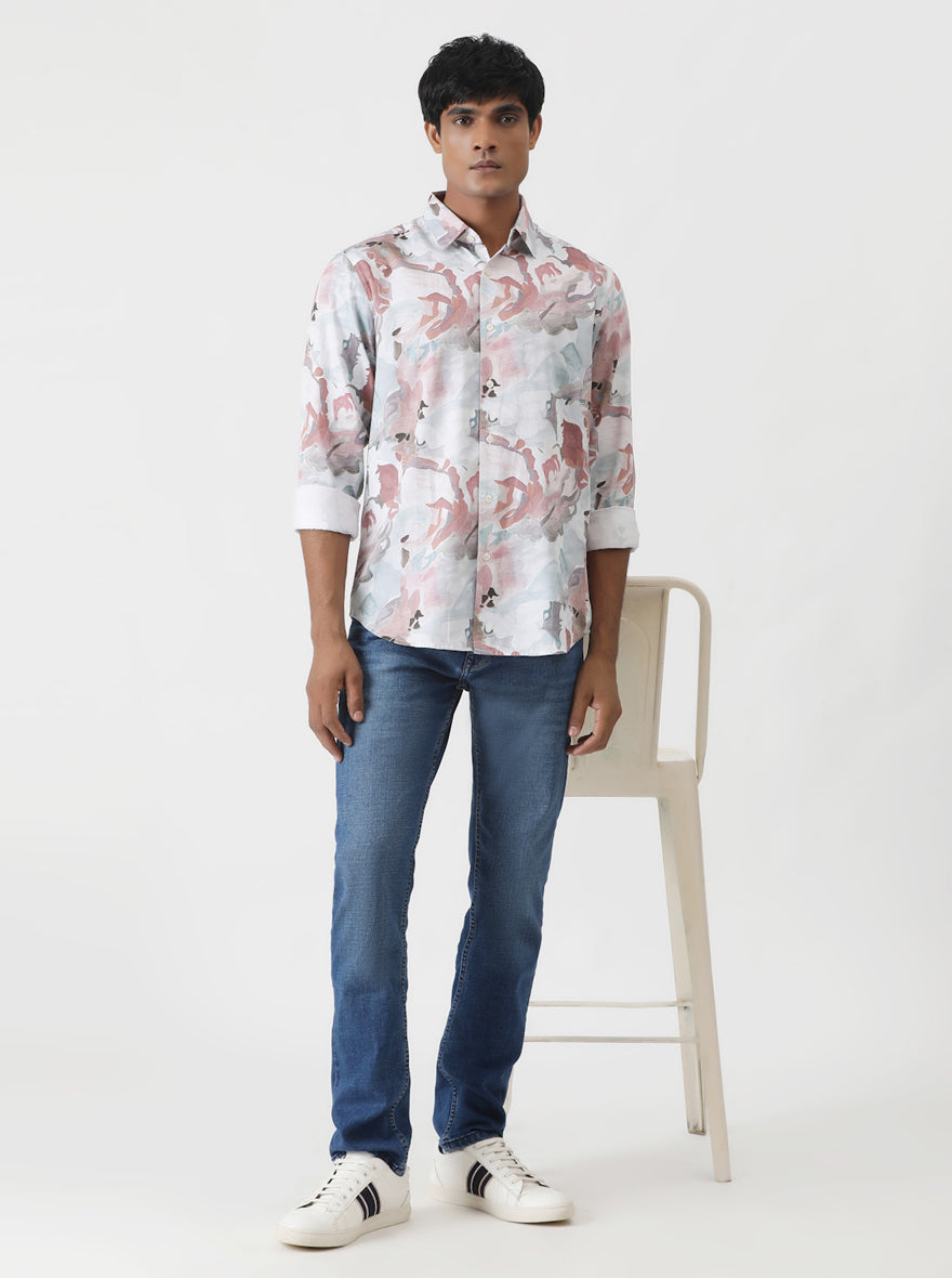 Dusky Pink Printed Slim Fit Casual Shirt | pehervi