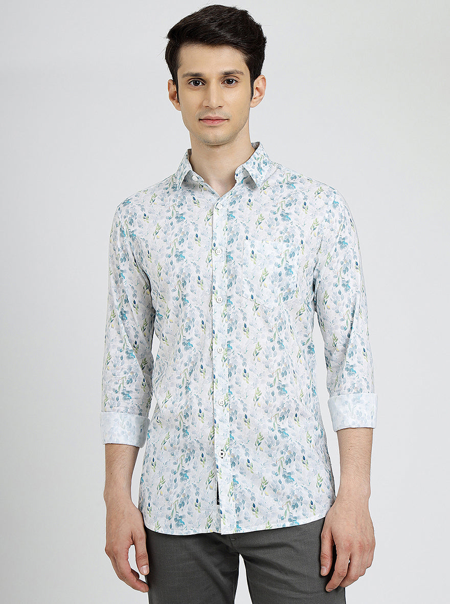 Off White Printed Slim Fit Casual Shirt | pehervi