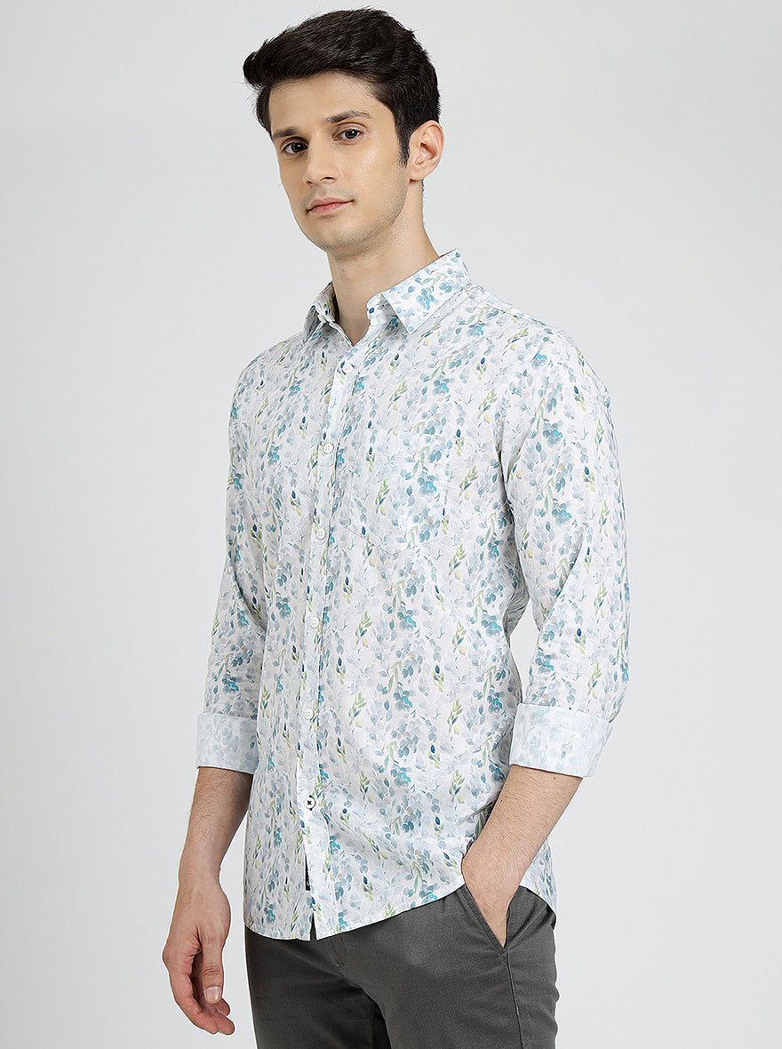 Off White Printed Slim Fit Casual Shirt | pehervi