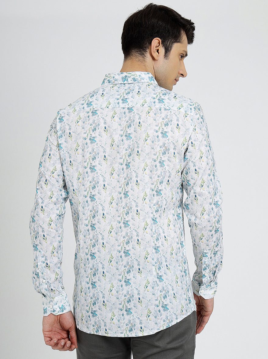 Off White Printed Slim Fit Casual Shirt | pehervi