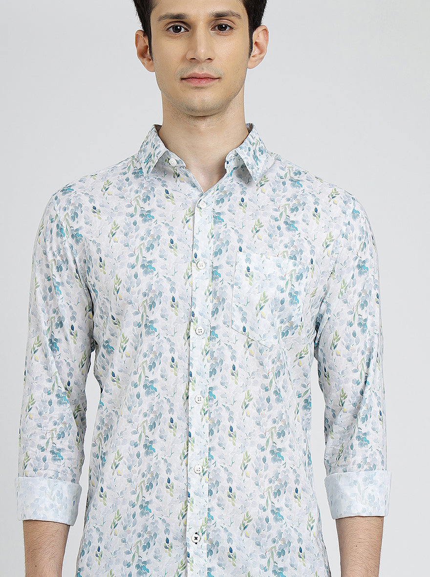 Off White Printed Slim Fit Casual Shirt | pehervi