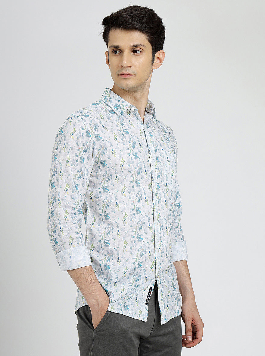 Off White Printed Slim Fit Casual Shirt | pehervi