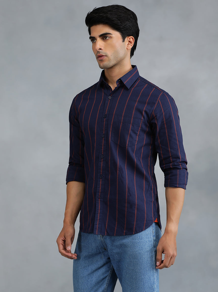 Navy Blue Striped Slim Fit Casual Shirt | pehervi