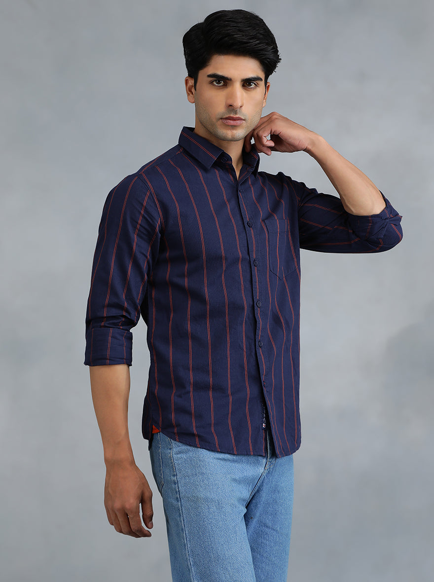 Navy Blue Striped Slim Fit Casual Shirt | pehervi