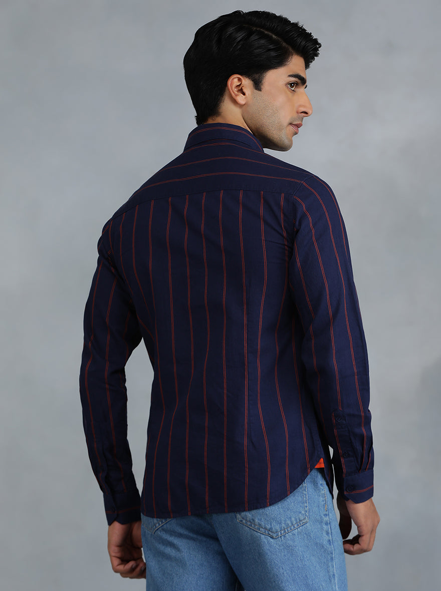 Navy Blue Striped Slim Fit Casual Shirt | pehervi