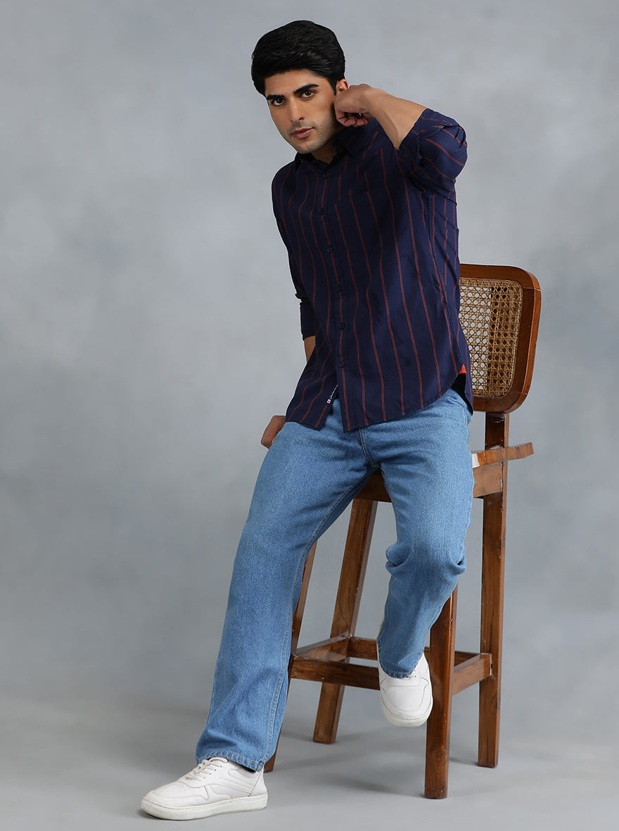 Navy Blue Striped Slim Fit Casual Shirt | pehervi