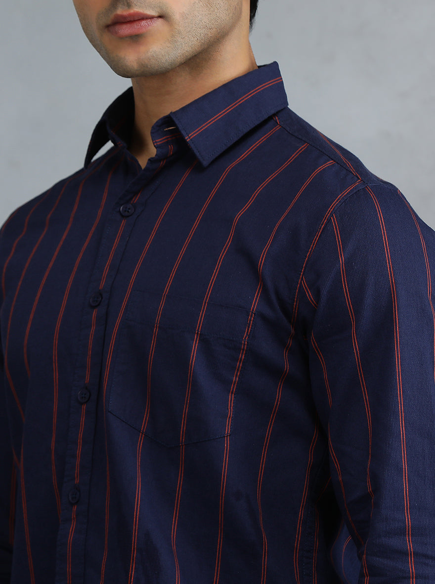 Navy Blue Striped Slim Fit Casual Shirt | pehervi