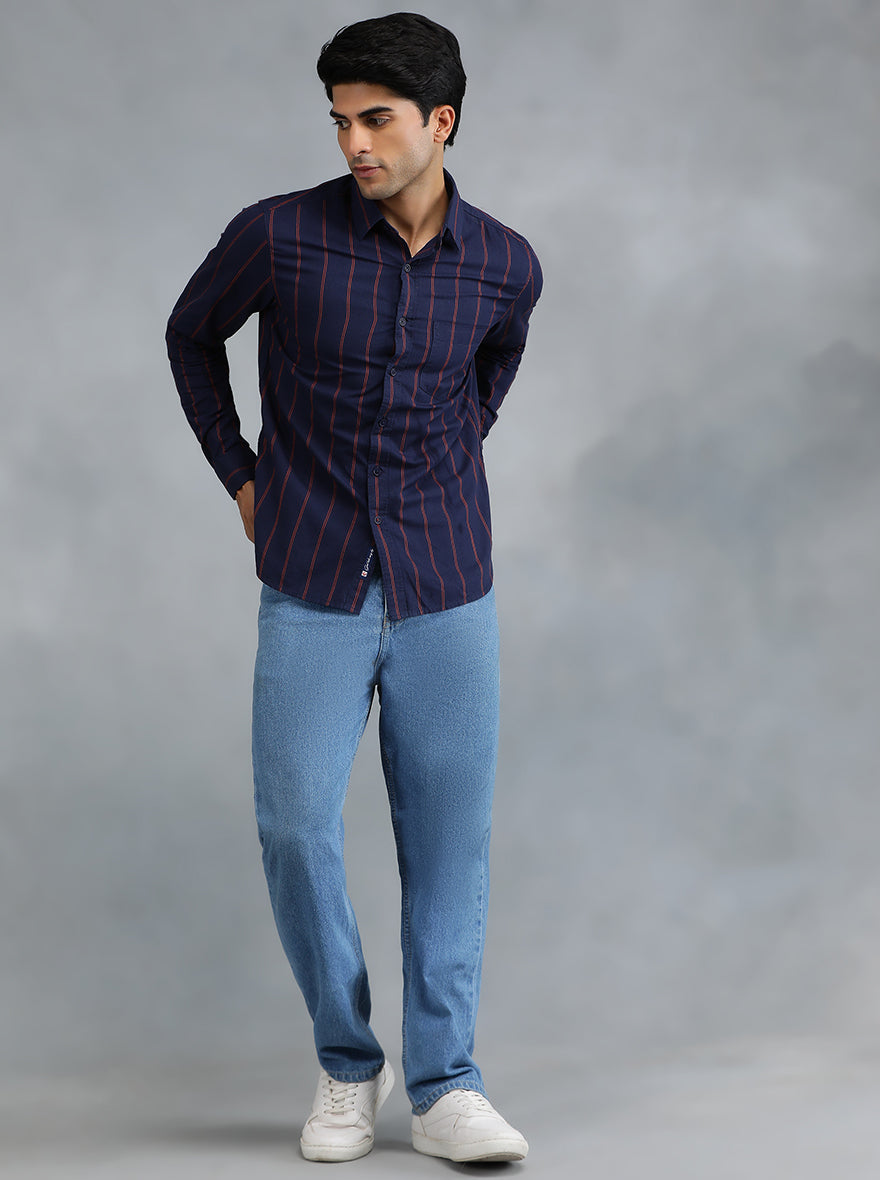 Navy Blue Striped Slim Fit Casual Shirt | pehervi