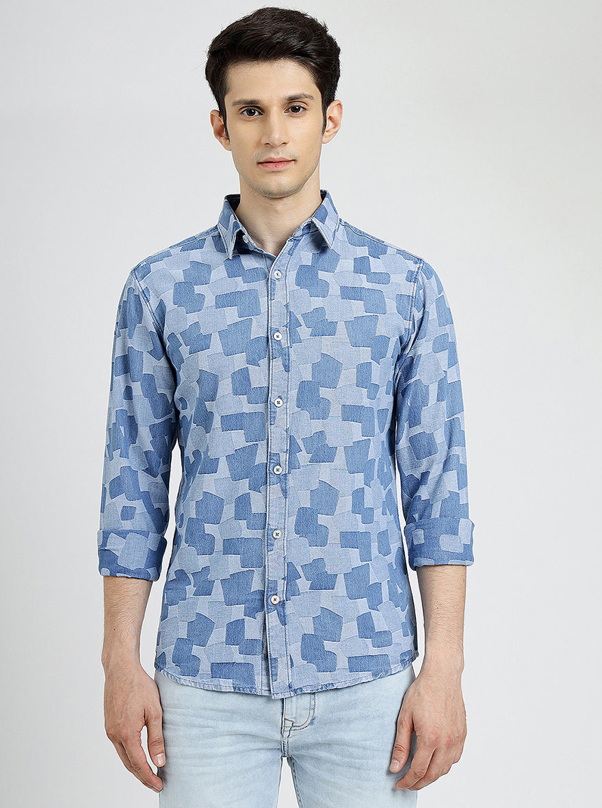 Light Blue Printed Slim Fit Casual Shirt | pehervi