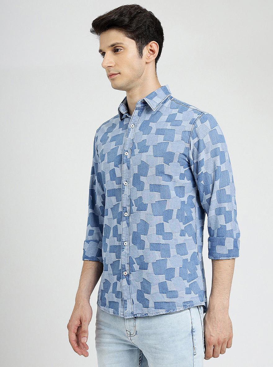 Light Blue Printed Slim Fit Casual Shirt | pehervi