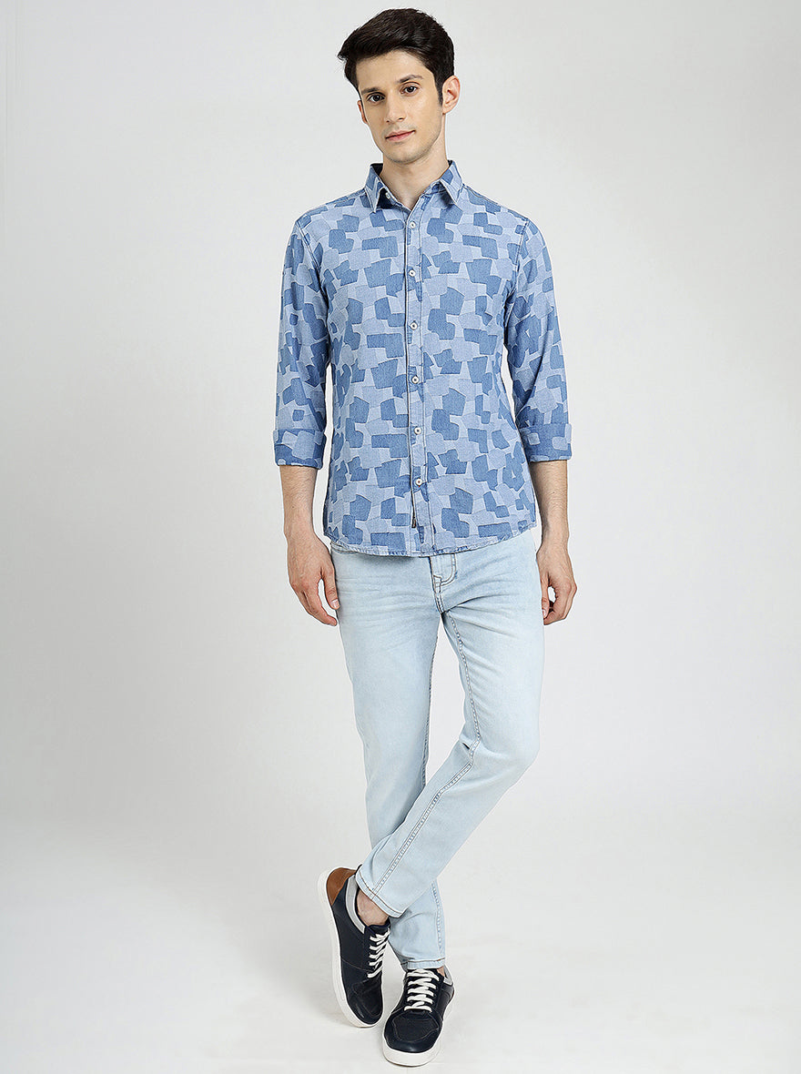 Light Blue Printed Slim Fit Casual Shirt | pehervi