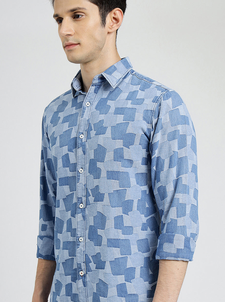 Light Blue Printed Slim Fit Casual Shirt | pehervi