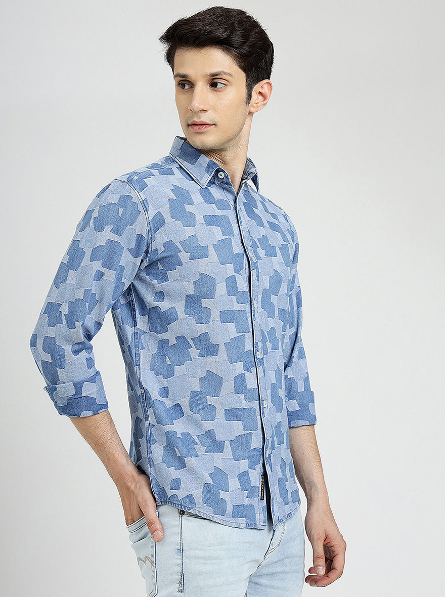 Light Blue Printed Slim Fit Casual Shirt | pehervi