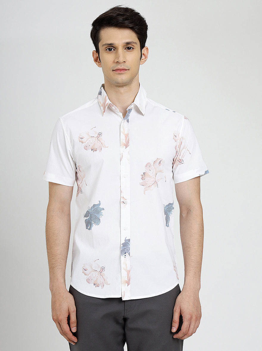 White Printed Slim Fit Casual Shirt | pehervi