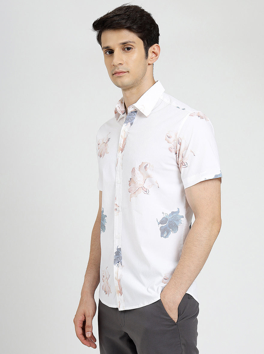 White Printed Slim Fit Casual Shirt | pehervi