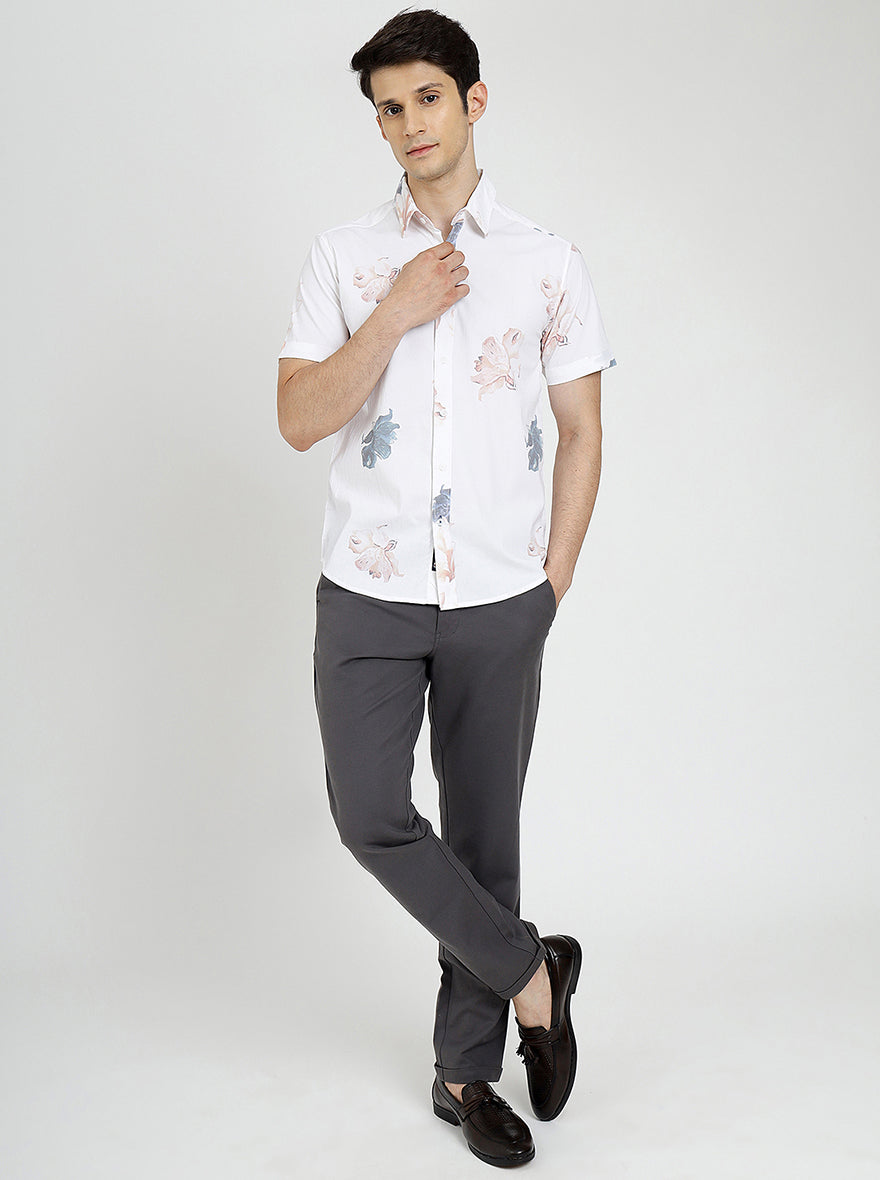 White Printed Slim Fit Casual Shirt | pehervi