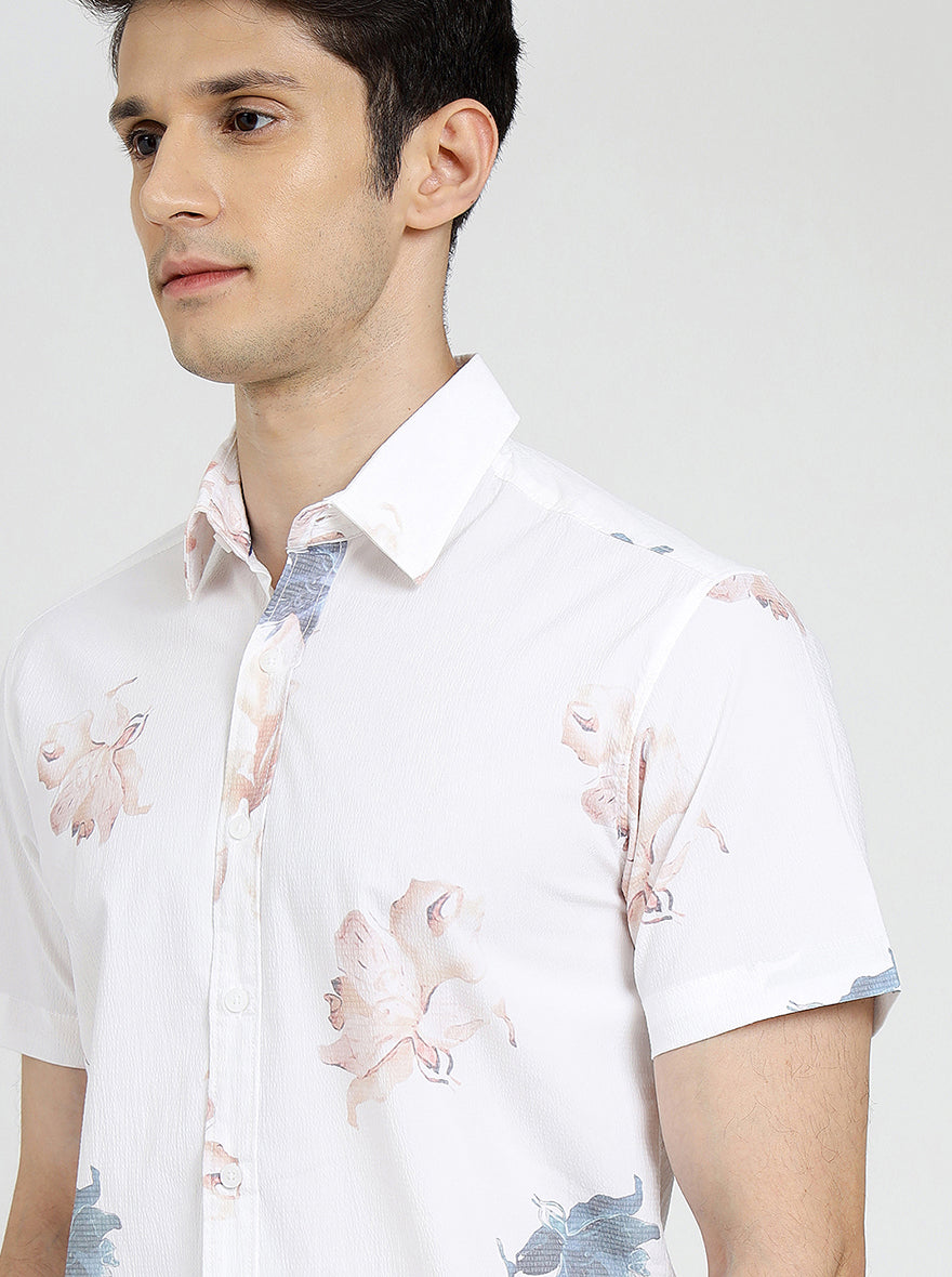 White Printed Slim Fit Casual Shirt | pehervi