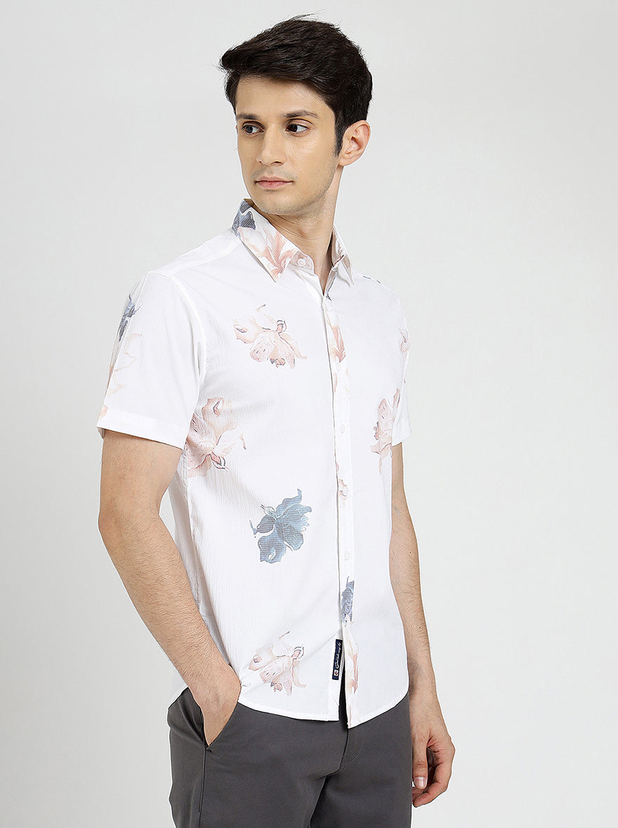 White Printed Slim Fit Casual Shirt | pehervi