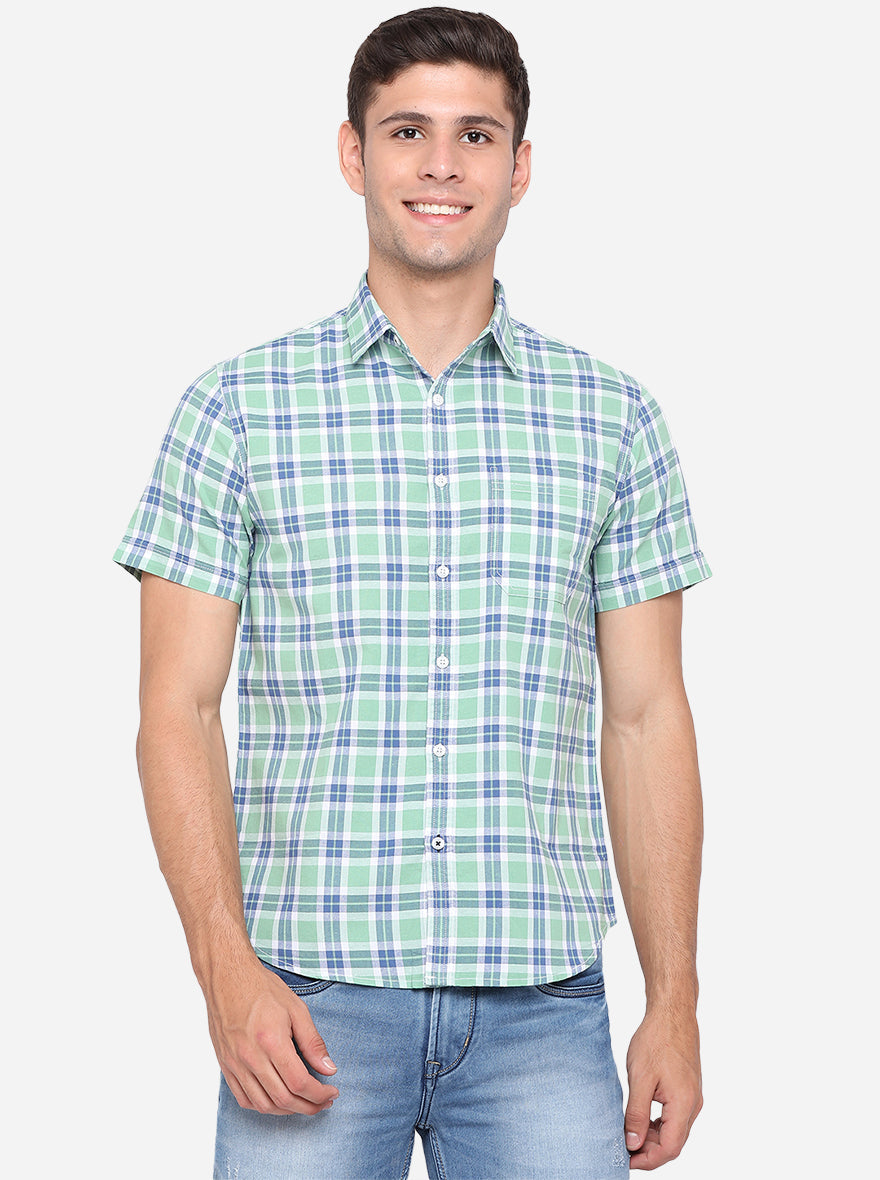 Fair Green Checked Slim Fit Semi Casual Shirt | Pehervi