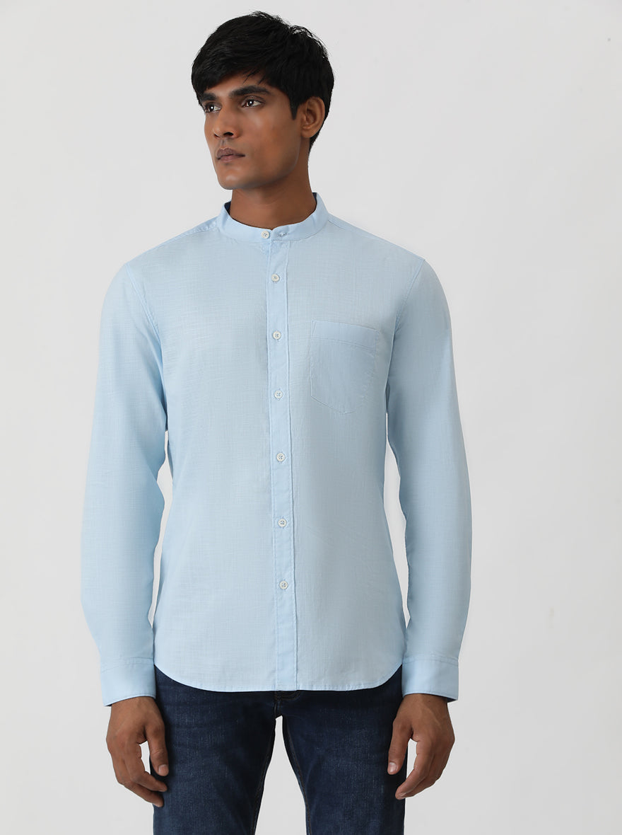 Sky Blue Solid Slim Fit Casual Shirt | pehervi