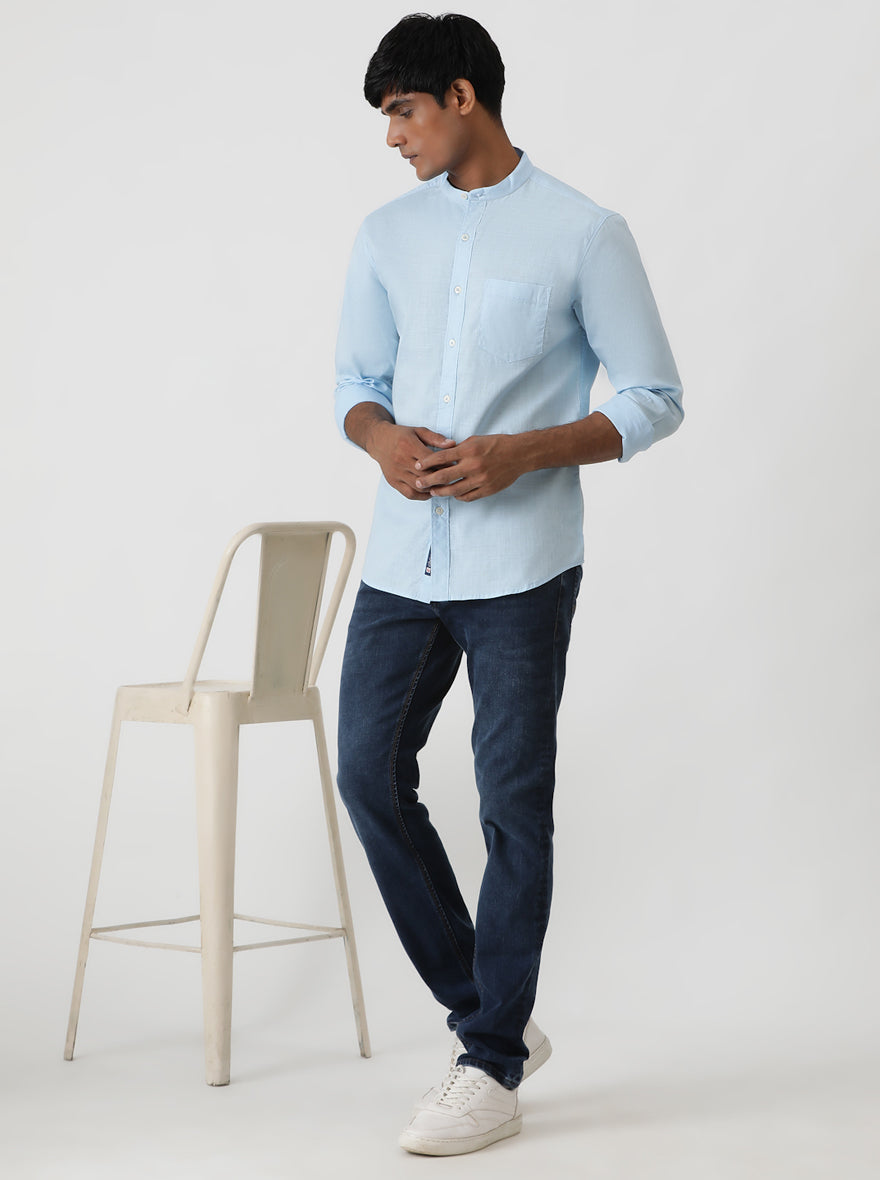 Sky Blue Solid Slim Fit Casual Shirt | pehervi