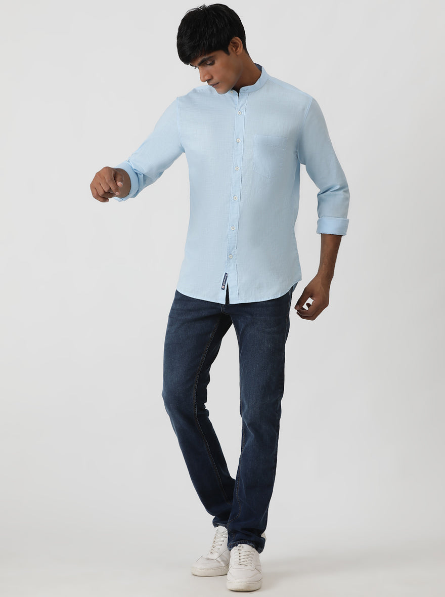 Sky Blue Solid Slim Fit Casual Shirt | pehervi