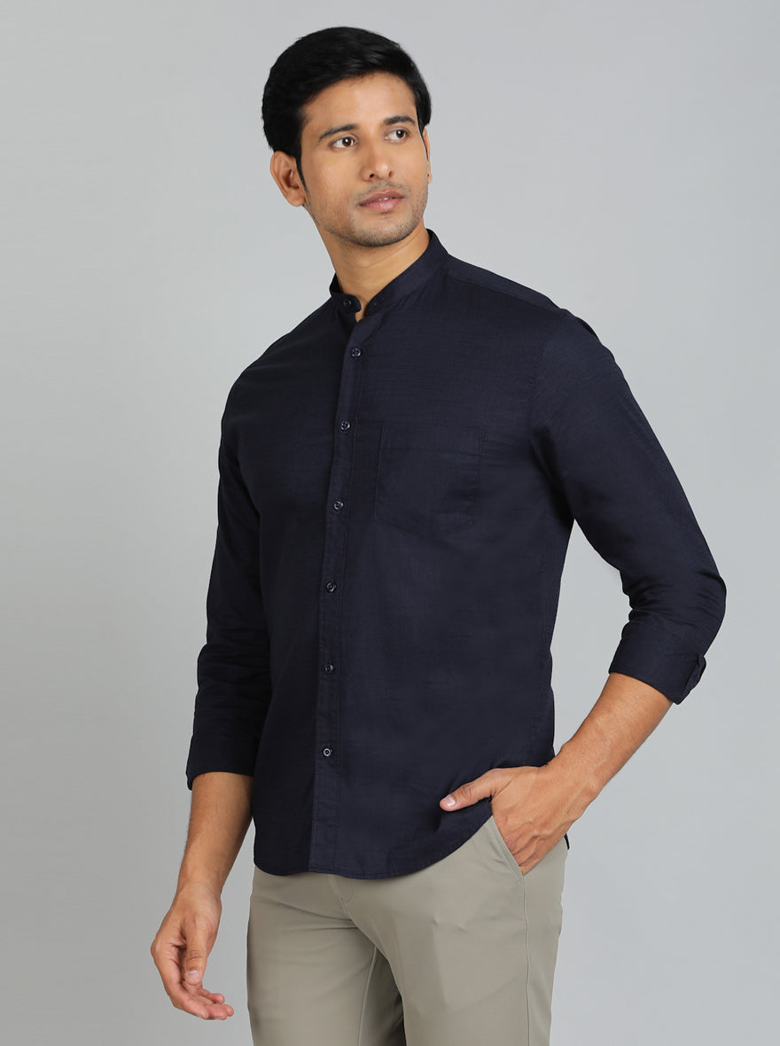 Navy Blue Solid Slim Fit Casual Shirt | pehervi