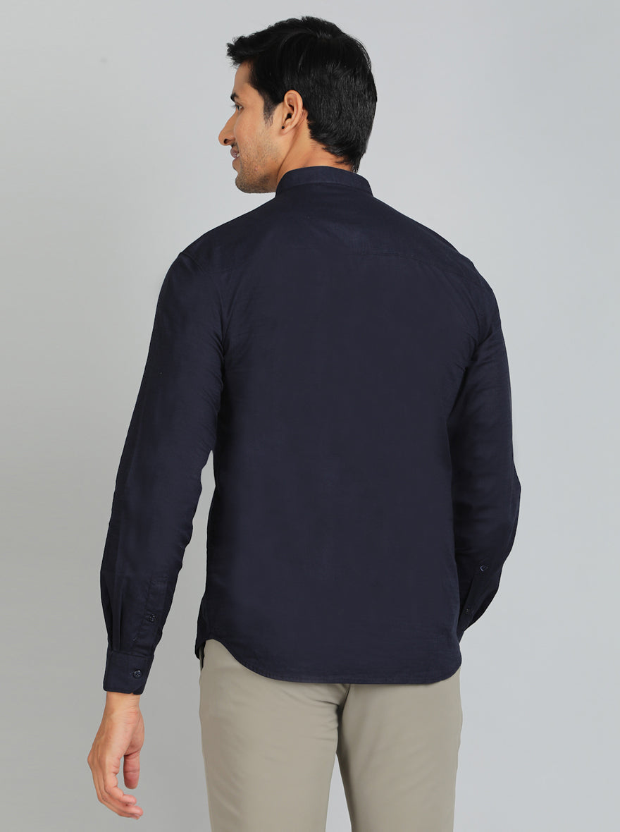 Navy Blue Solid Slim Fit Casual Shirt | pehervi